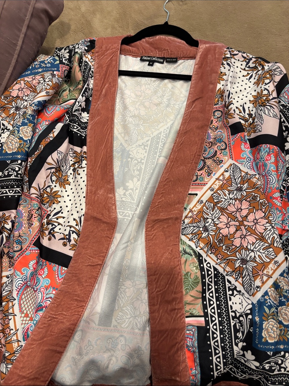 Tolani Multicolor Patchwork Velvet-Trim Kimono Jacket and matching pants. NWOT